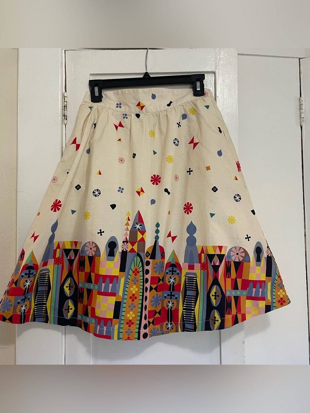 Modcloth Cream A-Line Skirt with Colorful skyline Geometric Border small world